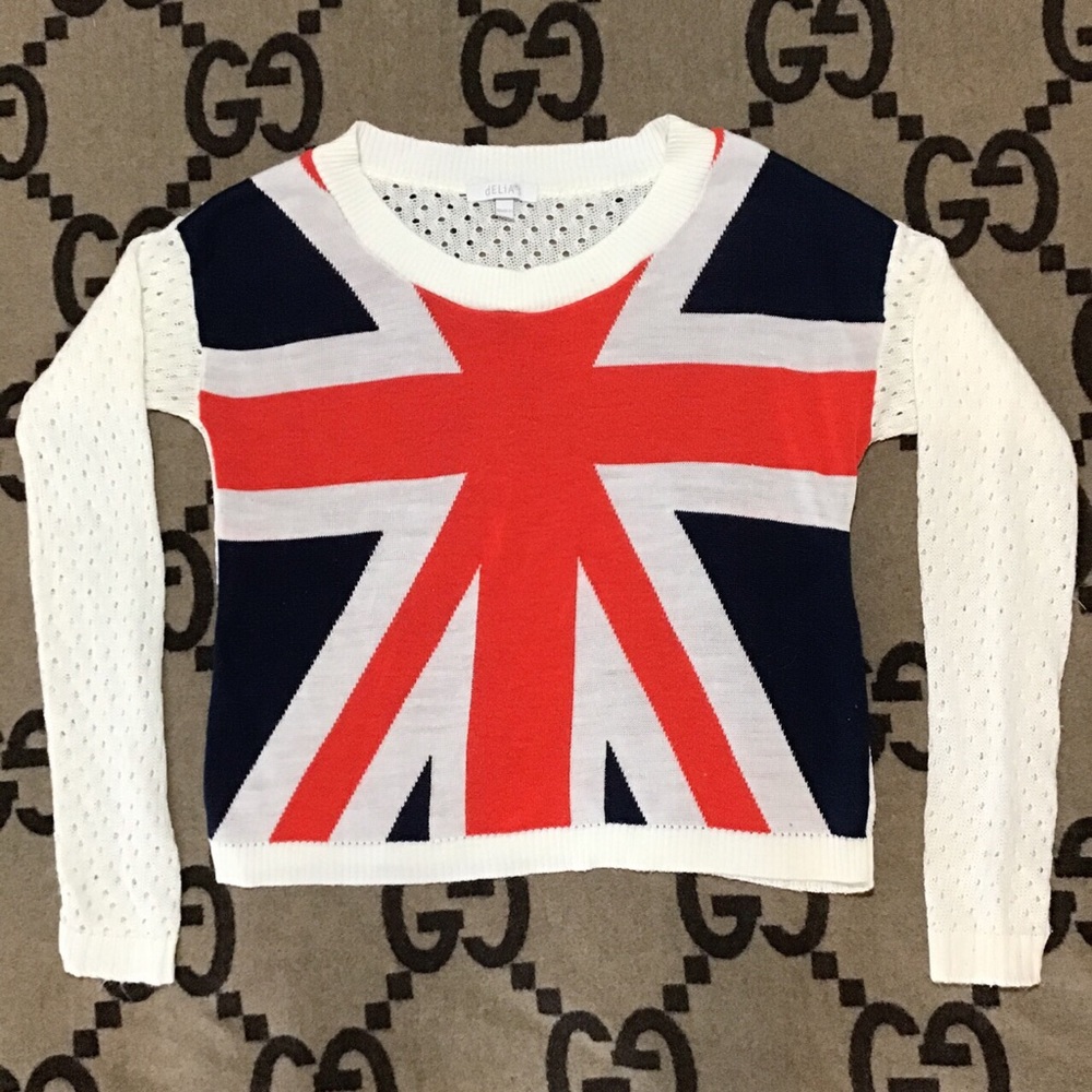 Delia’s Women’s Cream with Great Britain flag print Long Sleeve Knit Sweater